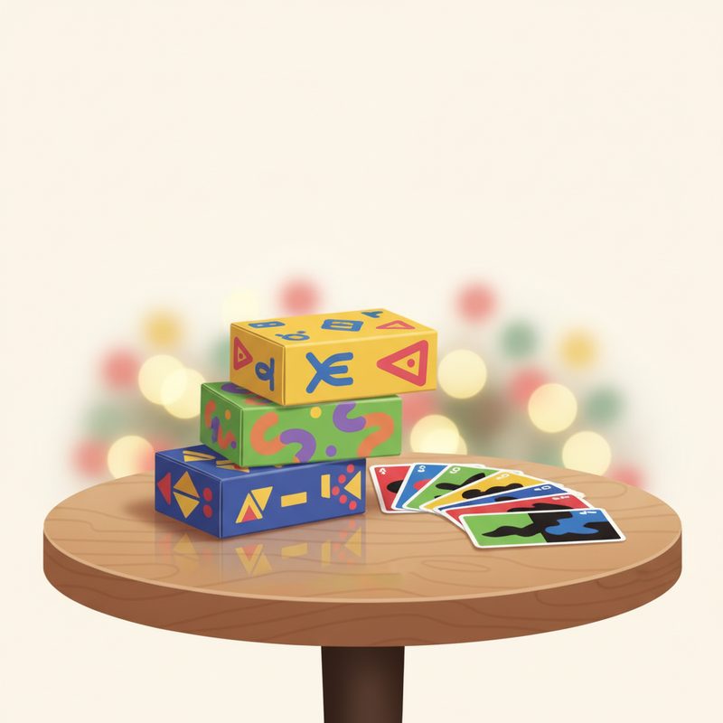 Representative small card game boxes stacked beside a fanned deck