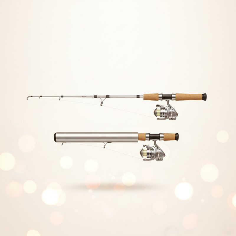 Representative telescoping pocket fishing rod shown collapsed beside its extended form