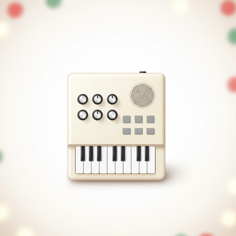 Representative pocket-size synthesizer with small keys and knobs held in two hands