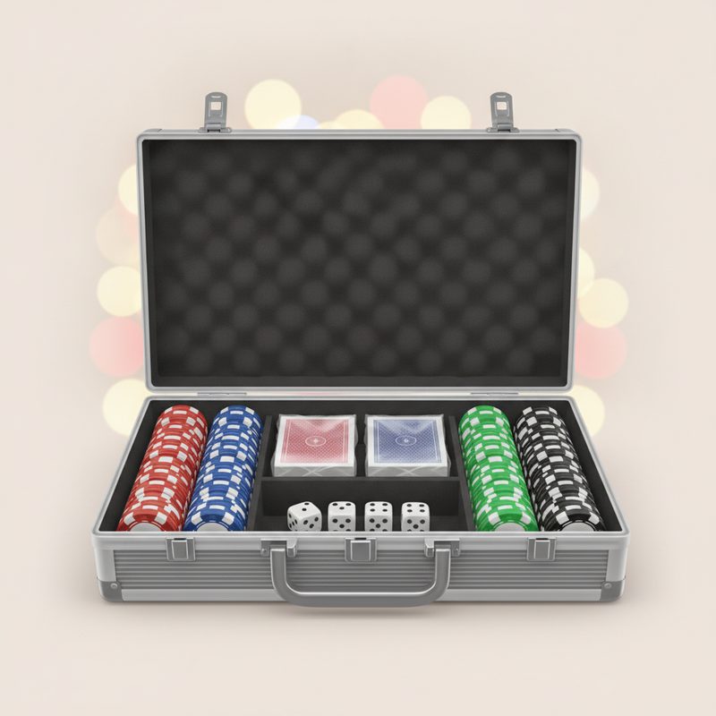 Representative poker chip set arranged in an open carrying case with playing cards
