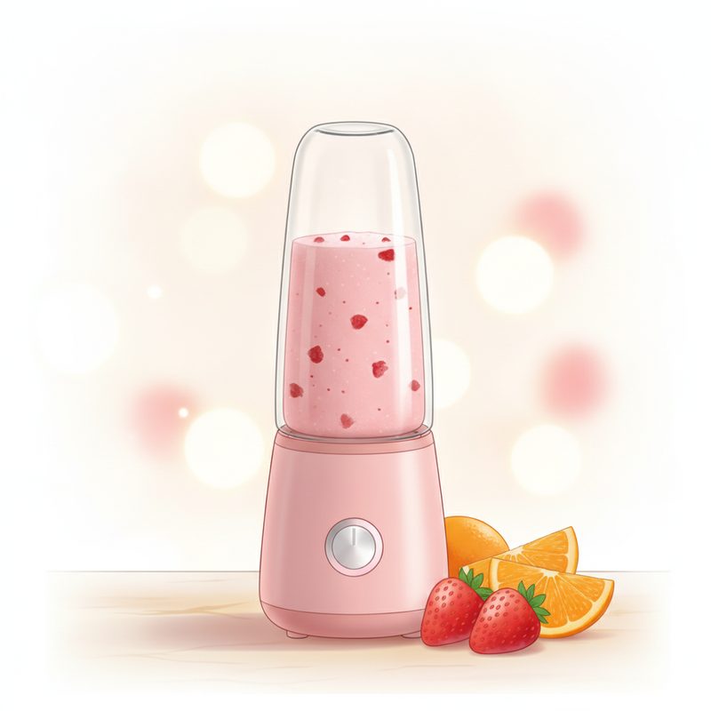 Representative bottle-sized portable blender with fruit smoothie on a counter