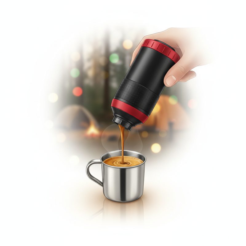Representative handheld espresso maker pulling a shot into a small cup outdoors