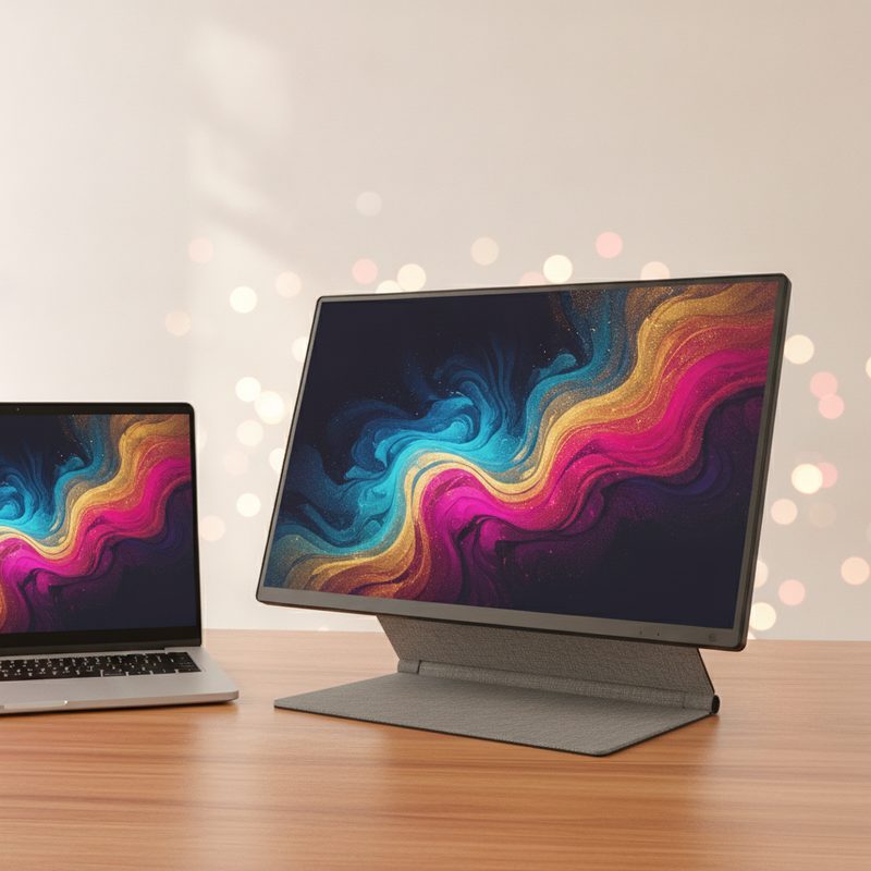 Representative slim portable monitor set up beside a laptop on a desk