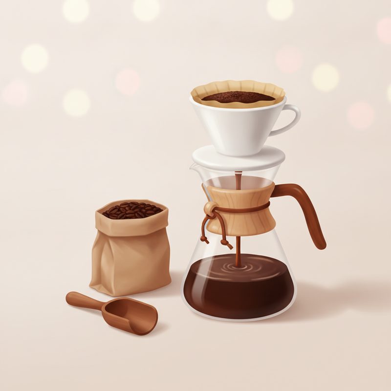 Representative pour-over coffee set with glass carafe and cone dripper mid-brew
