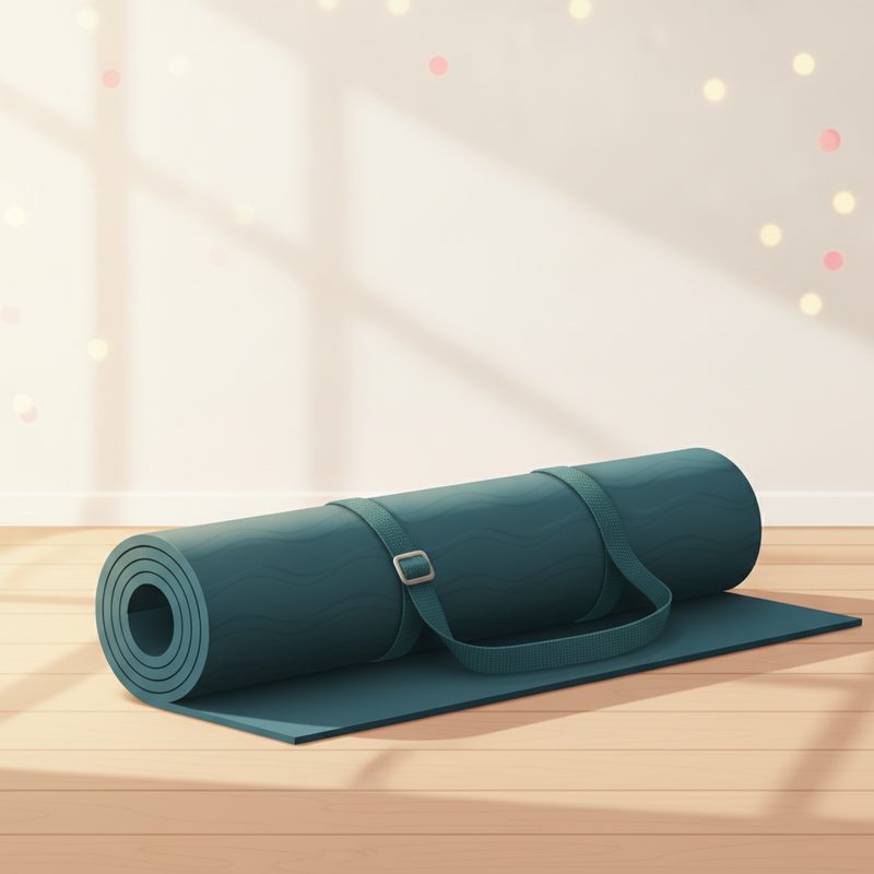 Representative rolled premium yoga mat with strap in a bright studio corner