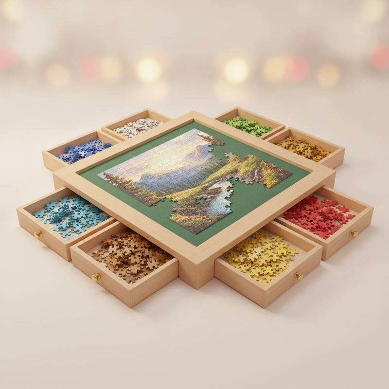 Representative wooden puzzle board with pull-out drawers holding sorted pieces