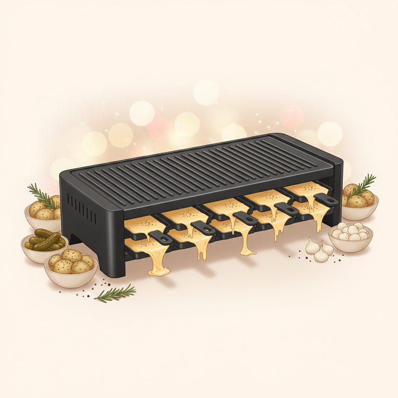 Representative raclette table grill surrounded by dinner guests' plates