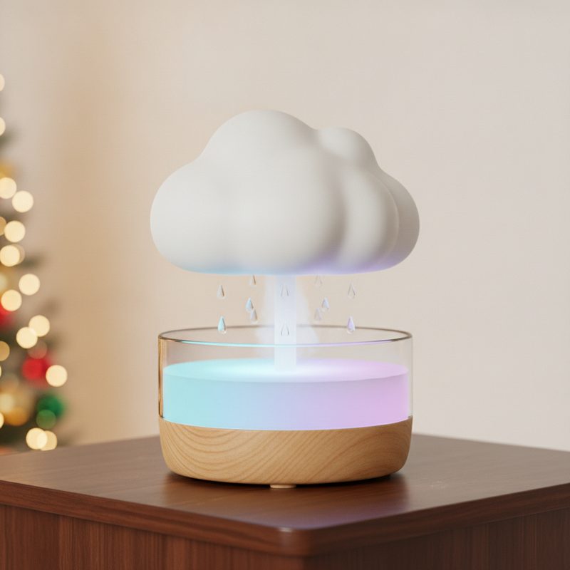 Representative cloud-shaped humidifier dripping water with soft coloured light