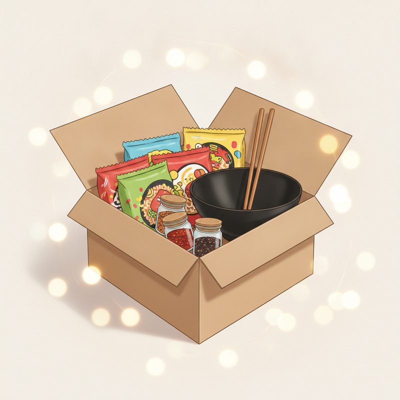 Representative ramen gift box with noodle packs, chopsticks, and seasoning jars