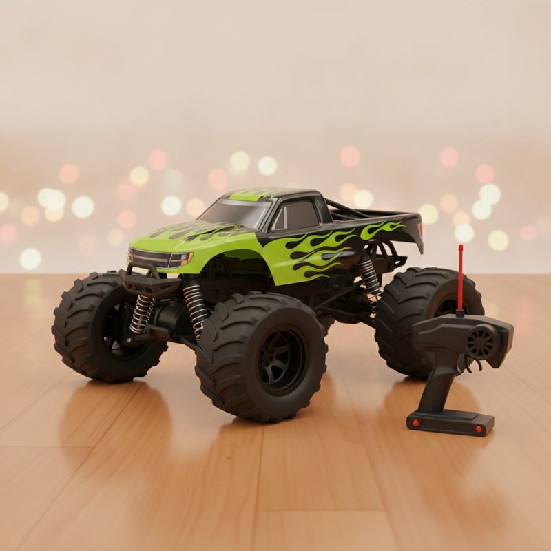 Representative remote-control monster truck with oversized tires on a living room floor