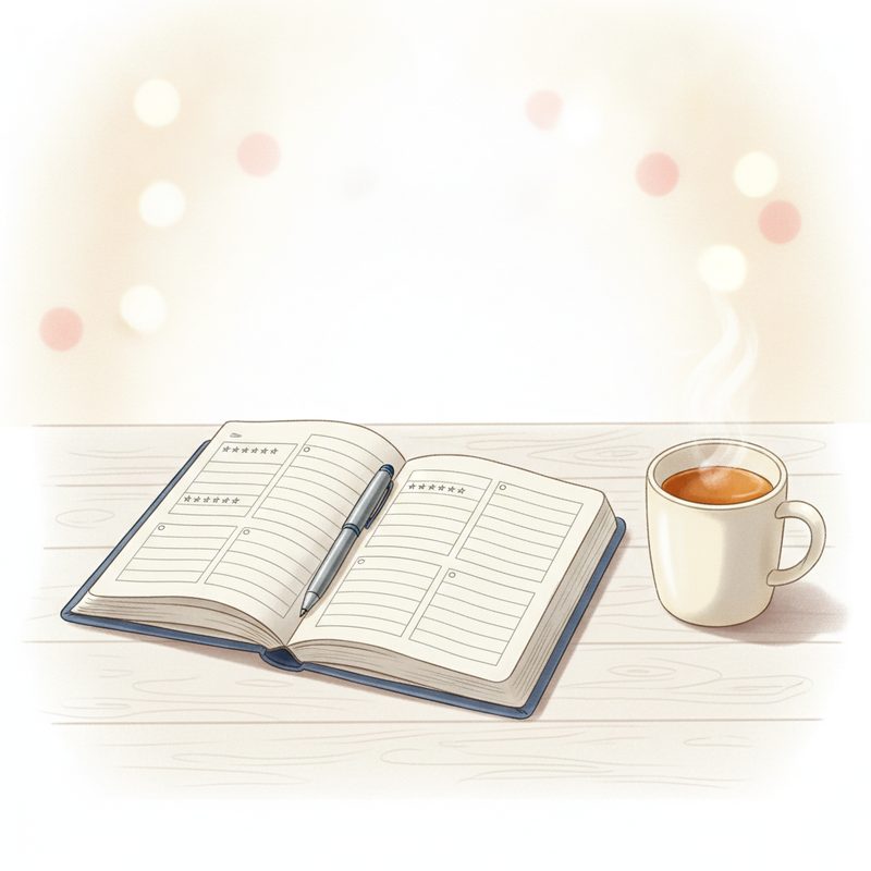 Representative open reading journal with pen resting on lined review pages