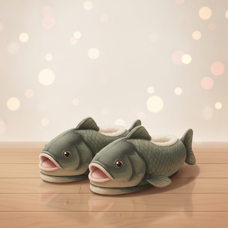 Representative pair of fish-shaped plush slippers on a living room floor