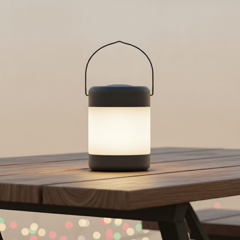 Representative rechargeable lantern glowing on a campsite picnic table at dusk