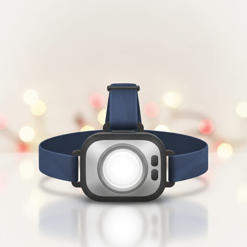 Representative rechargeable headlamp with adjustable strap shown on a trail at dusk