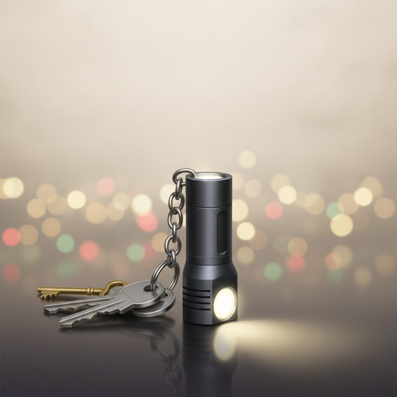 Representative small metal keychain flashlight glowing beside house keys
