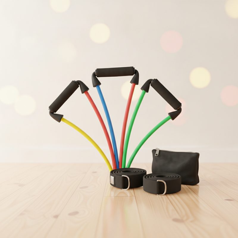Representative colourful resistance bands with handles fanned out beside a pouch