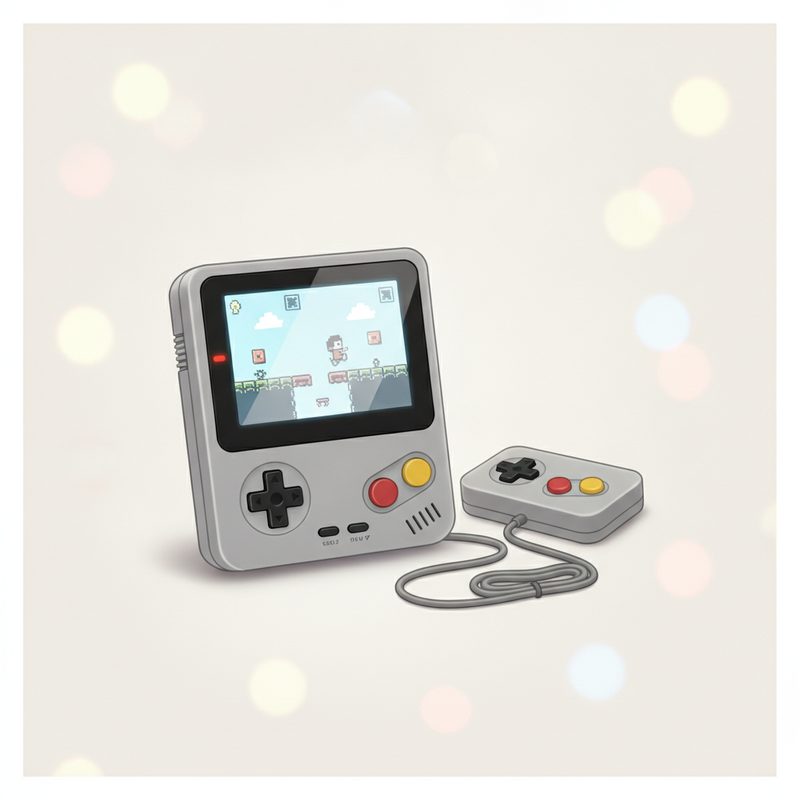 Representative handheld retro game console showing a pixel game on screen