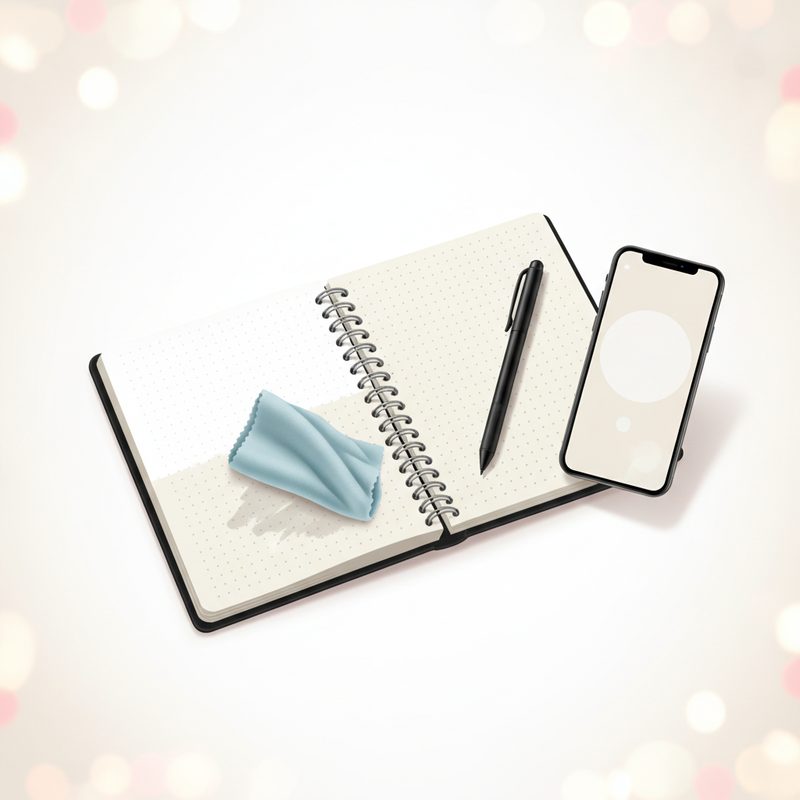 Representative reusable notebook being wiped clean with a cloth beside a phone