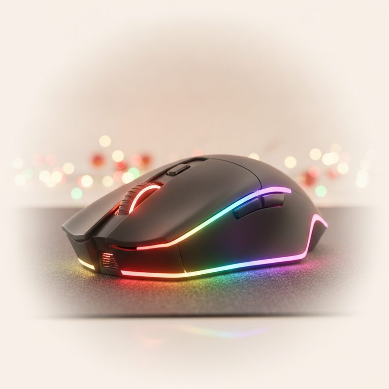Representative gaming mouse glowing with rainbow lighting on a dark desk mat