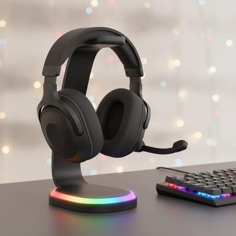 Representative illuminated headset stand holding a gaming headset on a desk at night