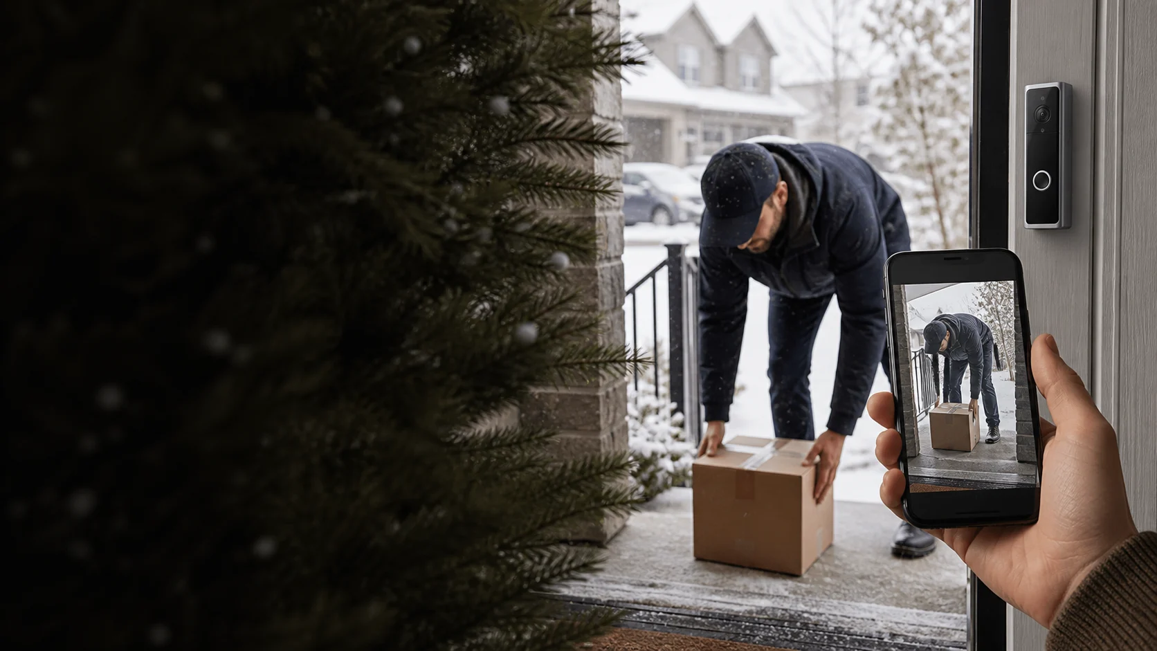 Representative battery video doorbell viewing a courier and parcel on a snowy porch