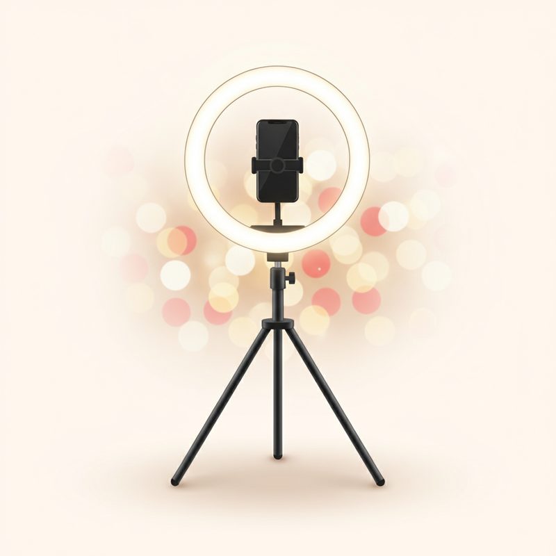 Representative glowing ring light on a tripod stand with a phone mounted in the centre