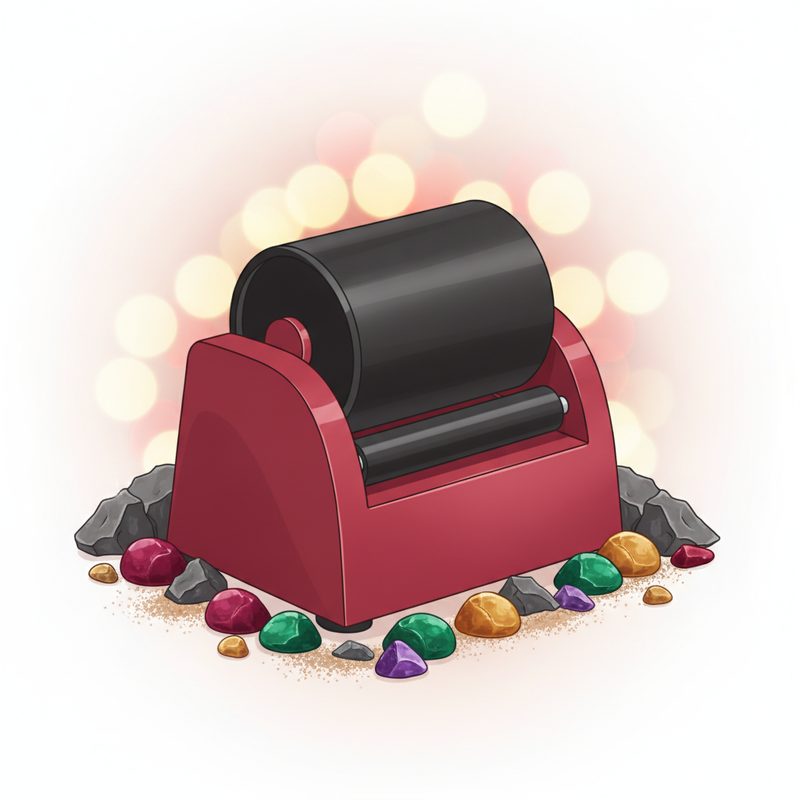 Representative rock tumbler machine beside a scatter of polished colourful stones