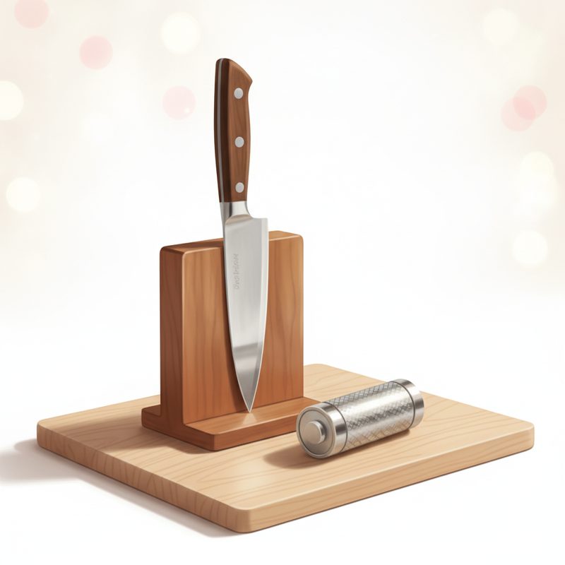 Representative rolling knife sharpener with a knife held against its magnetic block