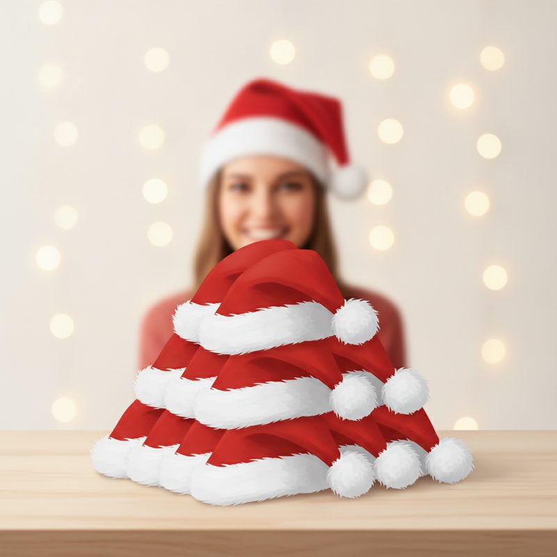 Representative stack of red plush hats with white trim and pom-poms piled on a party table