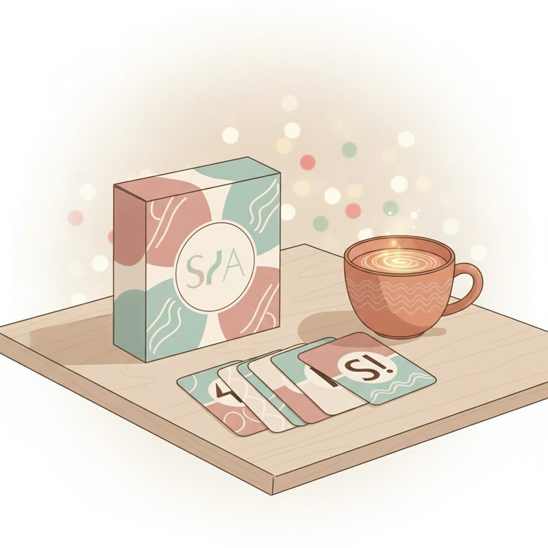 Representative boxed deck of affirmation cards fanned on a coffee table