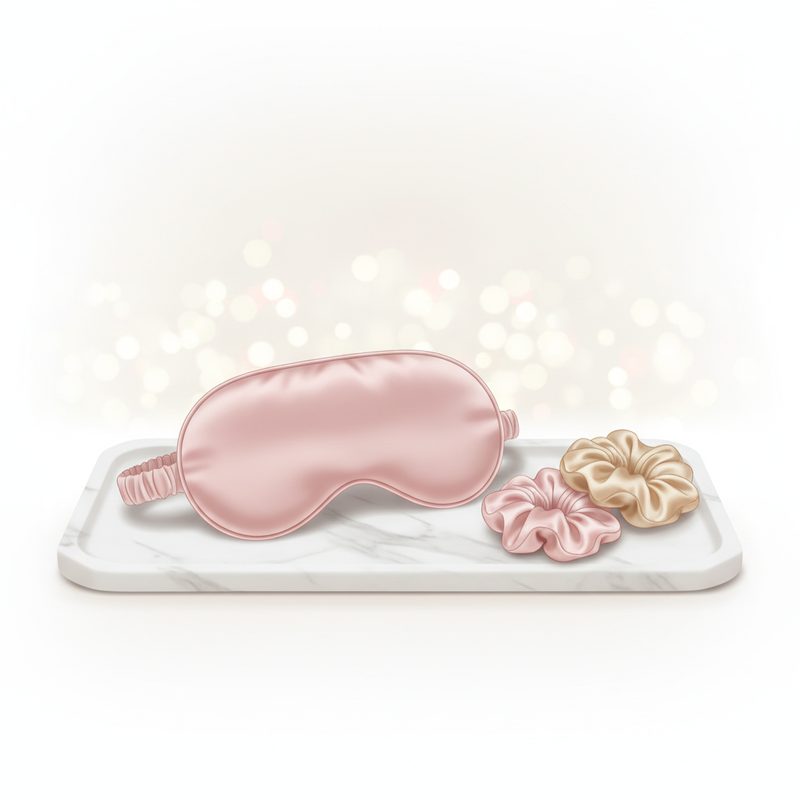 Representative blush satin eye mask with matching scrunchies arranged on a marble tray