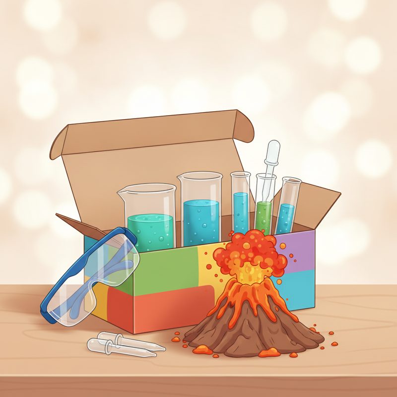 Representative kids science kit with beakers, goggles, and colourful liquids