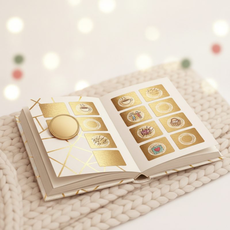Representative scratch-off adventure book open with a coin resting on a page