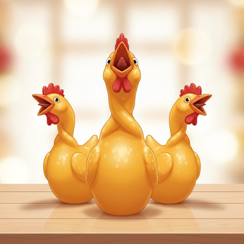 Representative trio of yellow rubber chickens lined up on a table