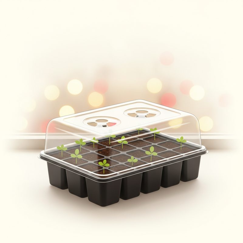 Representative mini greenhouse tray with clear dome lid and rows of seedling cells
