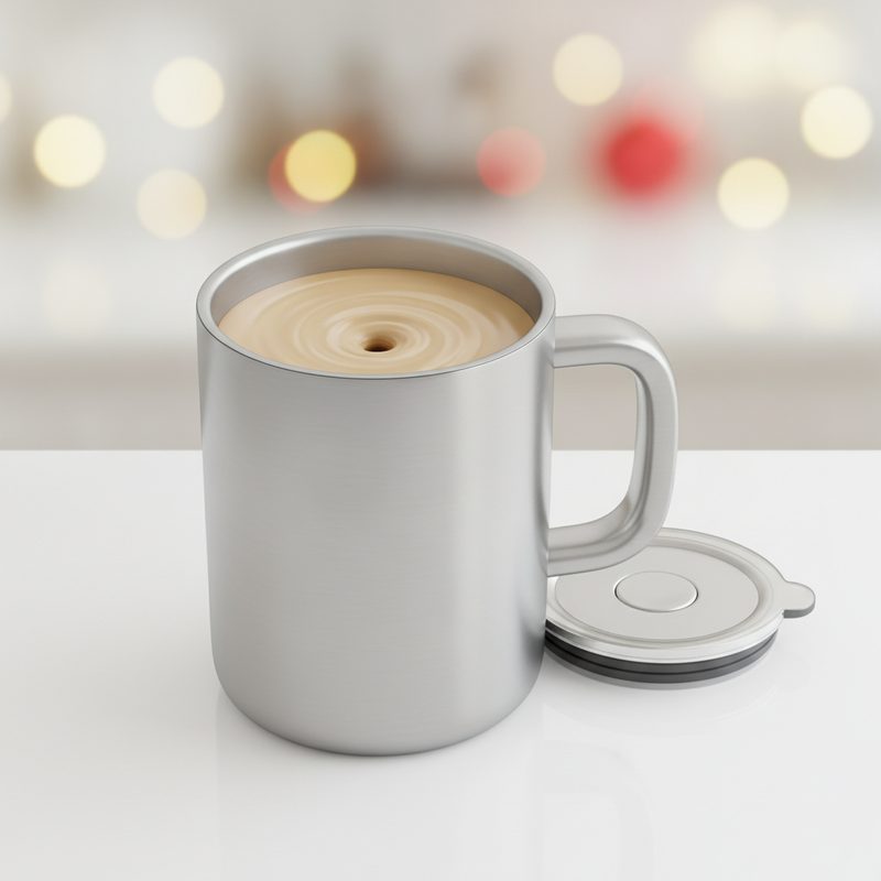 Representative mug with a swirling vortex of coffee inside on a kitchen counter