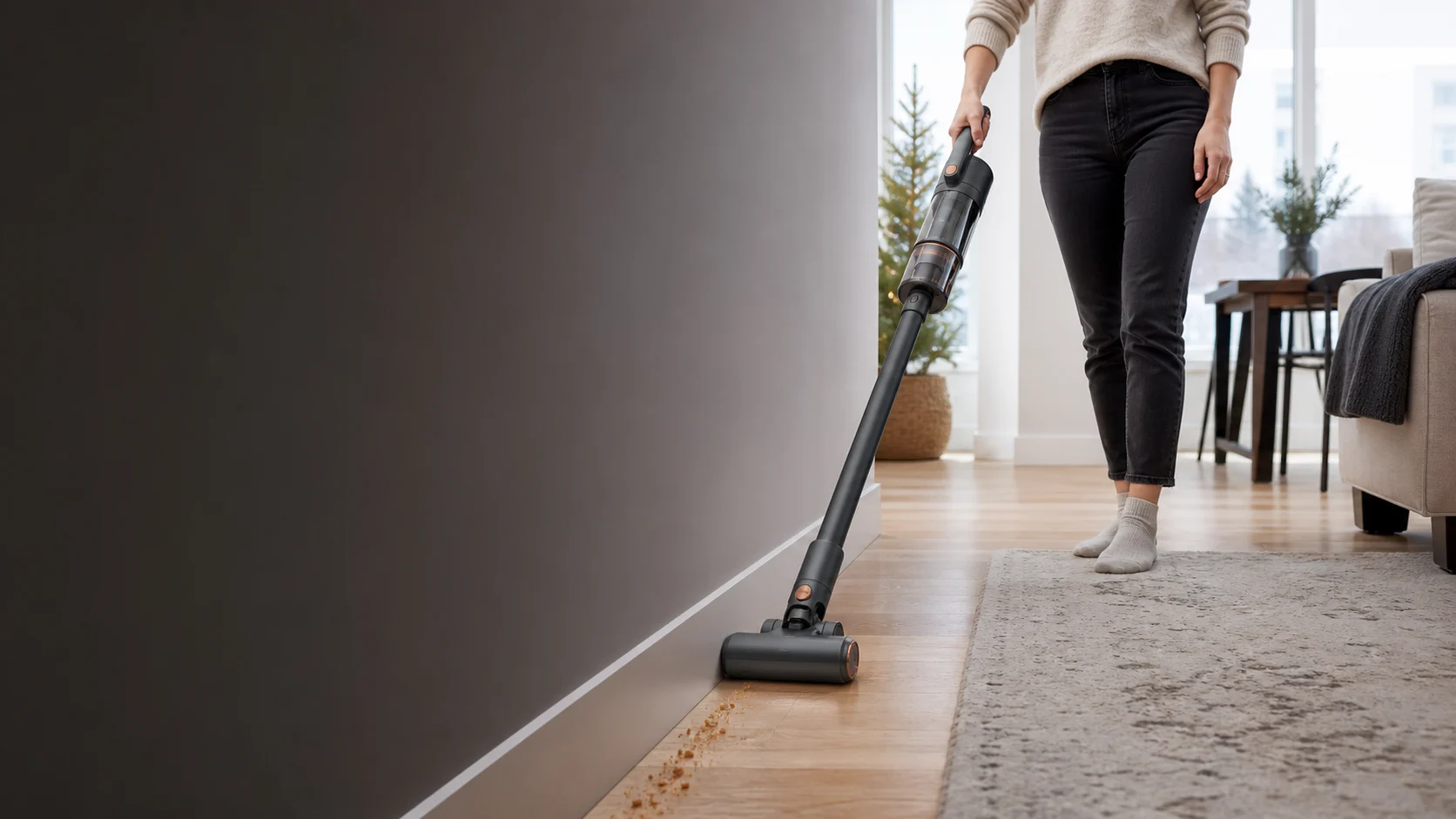 Representative ultralight cordless vacuum cleaning crumbs along a hardwood floor edge