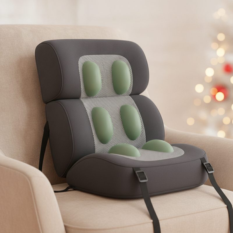 Representative shiatsu massage cushion resting on a living-room armchair