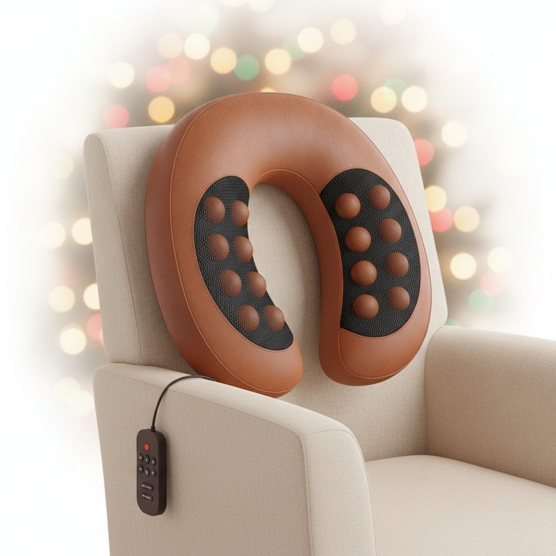 Representative U-shaped massage pillow resting on the back of an armchair