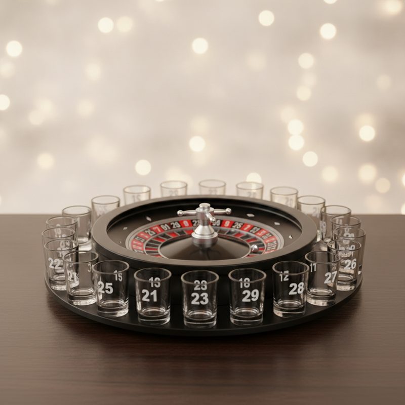 Representative roulette wheel ringed with numbered shot glasses on a table