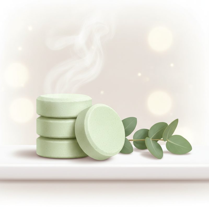 Representative round scented tablets arranged on a shower shelf with eucalyptus sprigs