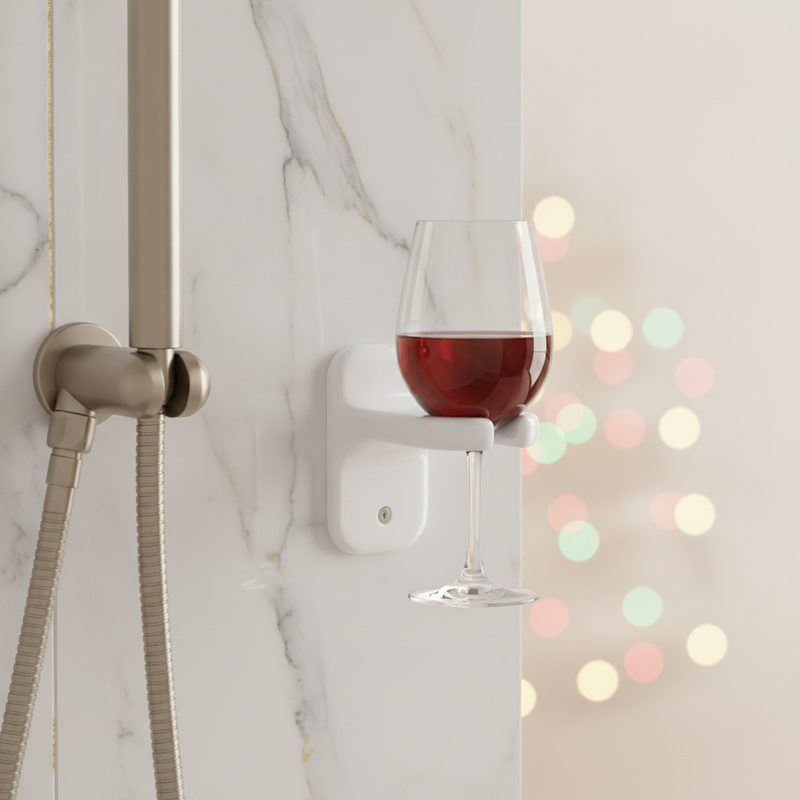 Representative wall-mounted wine glass cradle beside a shower head