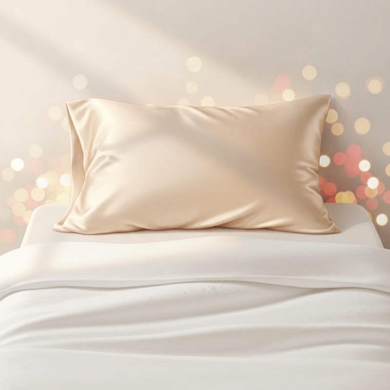 Representative champagne-coloured silk pillowcase draped on a neatly made bed