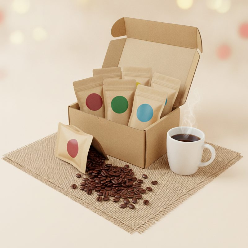 Representative single-origin coffee sampler with labelled bags of beans from different regions