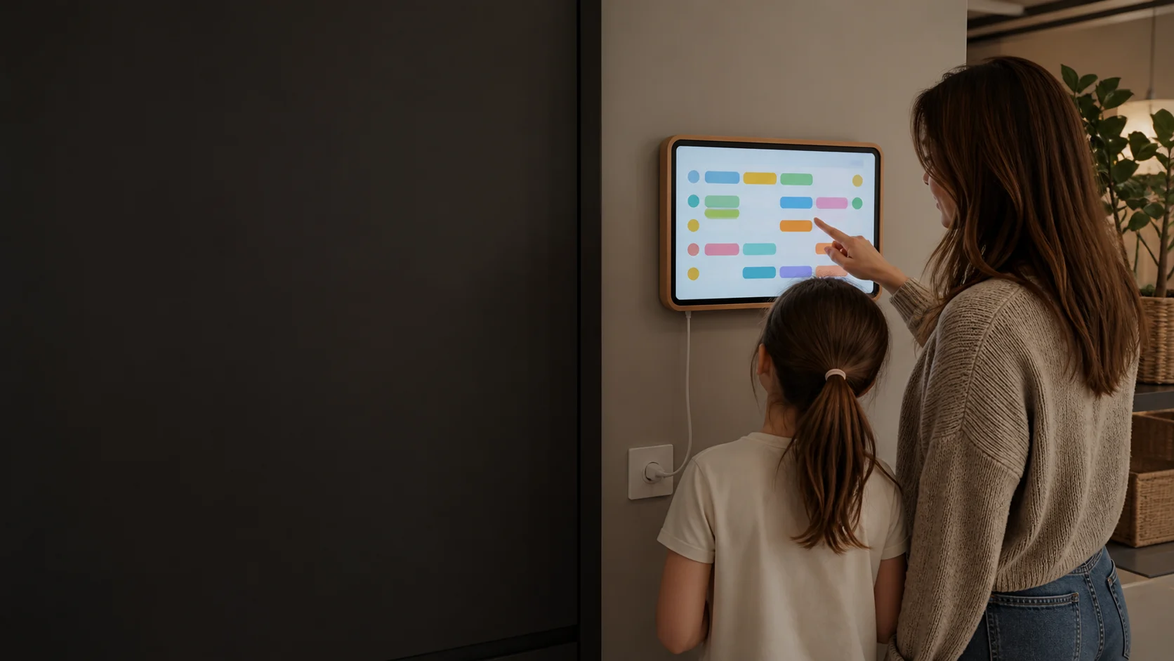 Representative family schedule display mounted in a bright household entryway