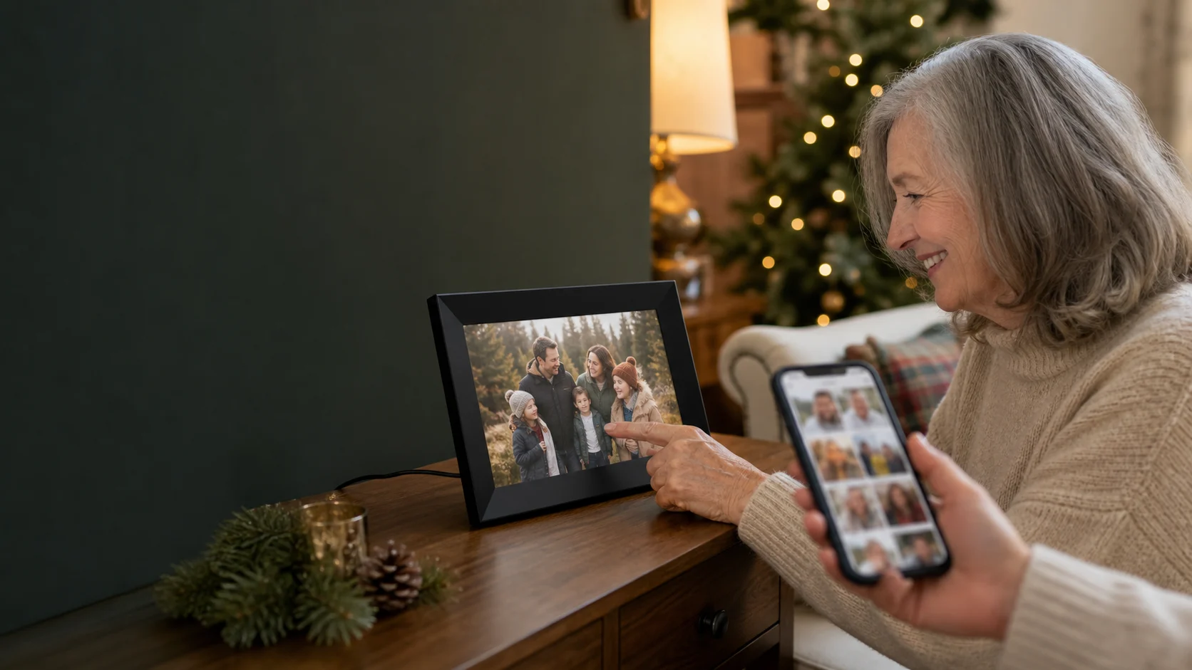 Representative digital photo frame being enjoyed by an older family member while photos are shared from a phone
