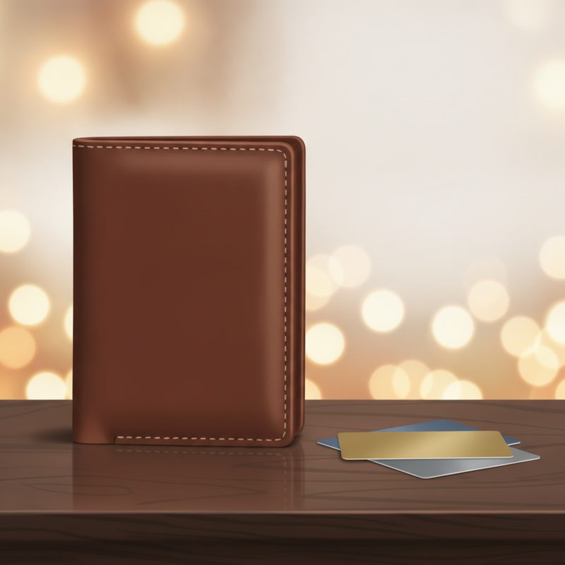 Representative slim brown leather wallet with cards fanned beside it on a dark table