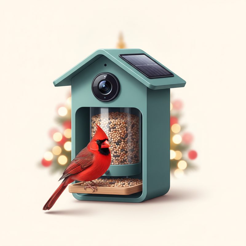 Representative smart bird feeder with built-in camera and a cardinal perched on it