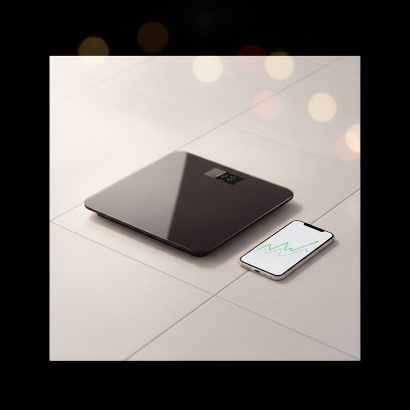 Representative sleek smart scale on a bathroom floor beside a phone app