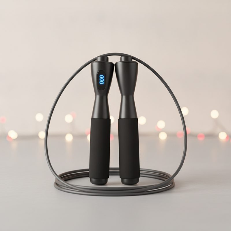 Representative modern jump rope with digital counter handles on a gym floor